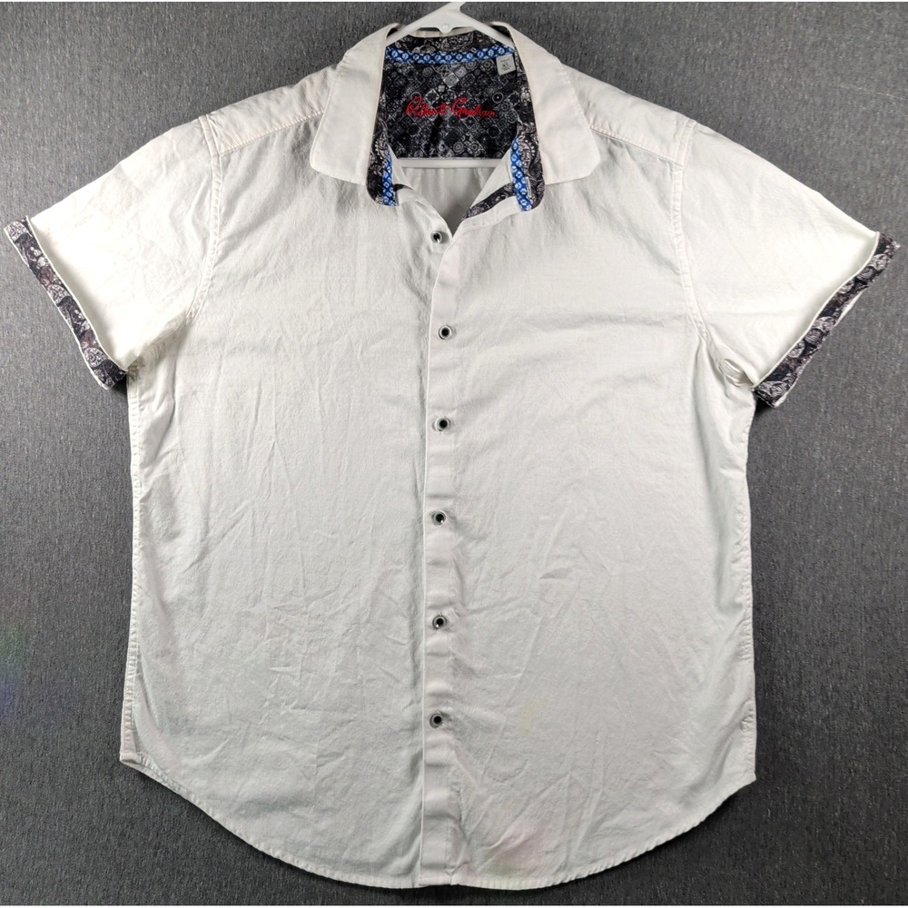 ROBERT GRAHAM Button Shirt XL White Textured Damask Paisley Trim Short Sleeve